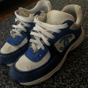 Blue and White Chanel Running Shoes